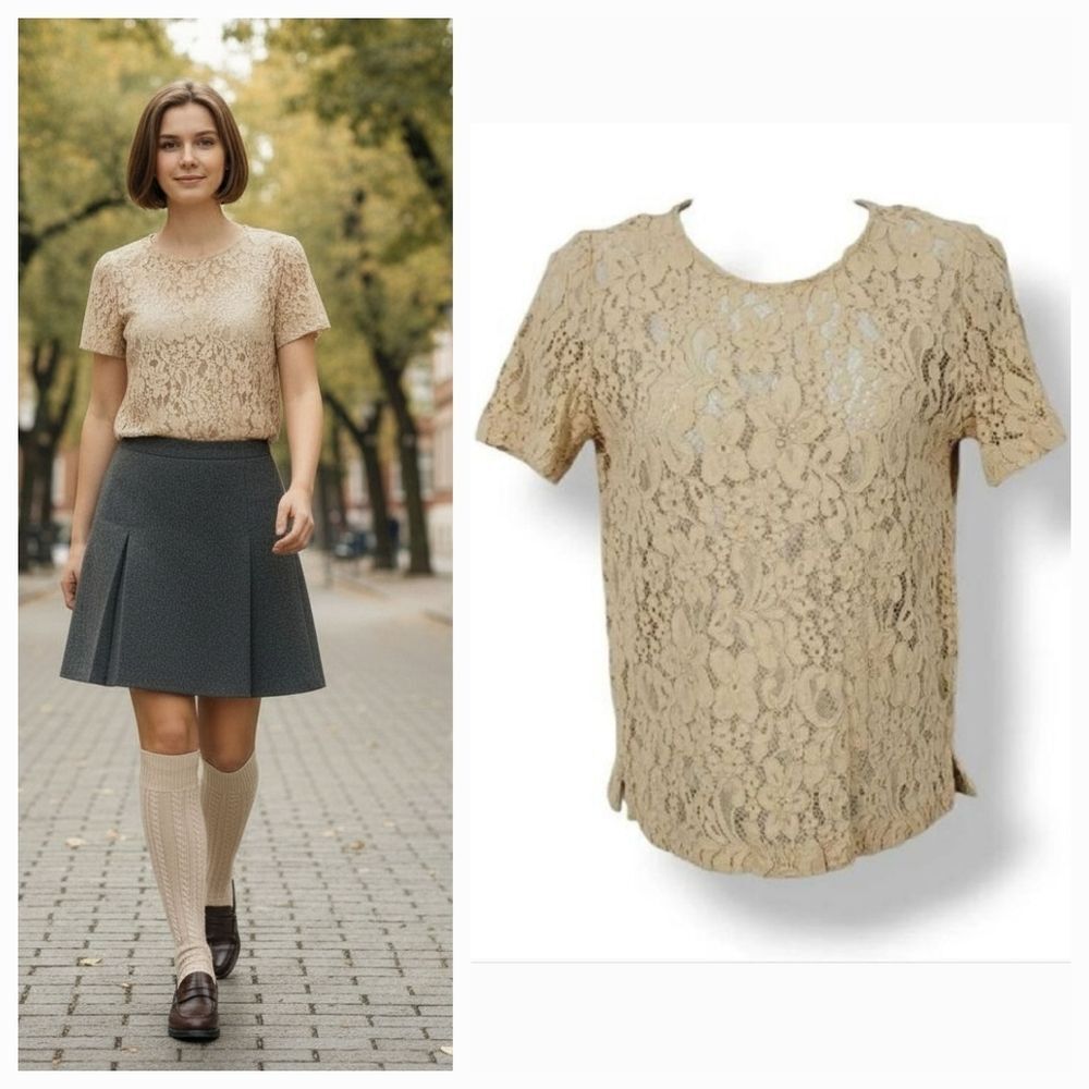 Vintage 90s Y2K Forever 21 Victorian Lace Top in Antique Beige Tan Size Small